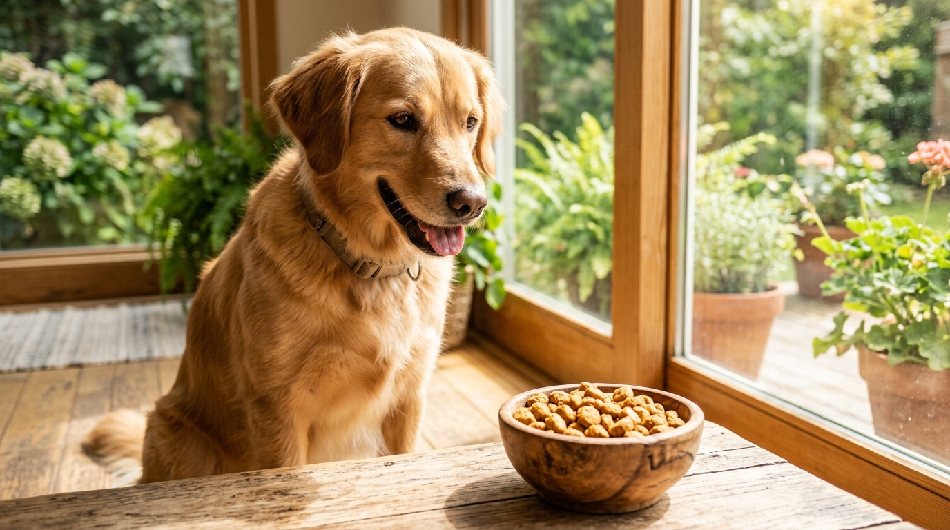 Perrito feliz esperando sus croquetas saludables Premios