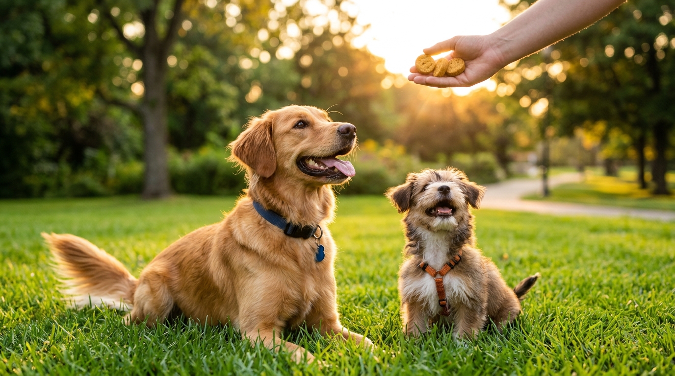 Dos perritos felices en el parque recibiendo sus croquetas Premios